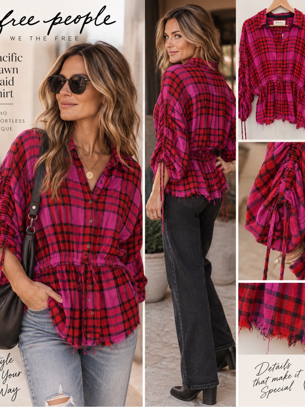 Free People Pacific Dawn Plaid Ruched Drawstring Blouse S